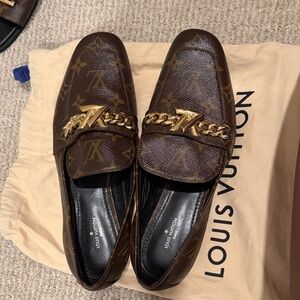 Louis Vuitton Dark Brown Monogram Loafers with Gold Accent